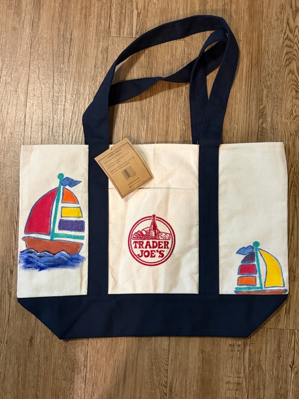 TRADER JOE’S Large Canvas Tote Bag with Sailboats Painting by@sails66  20”x14” - Picture 3 of 4